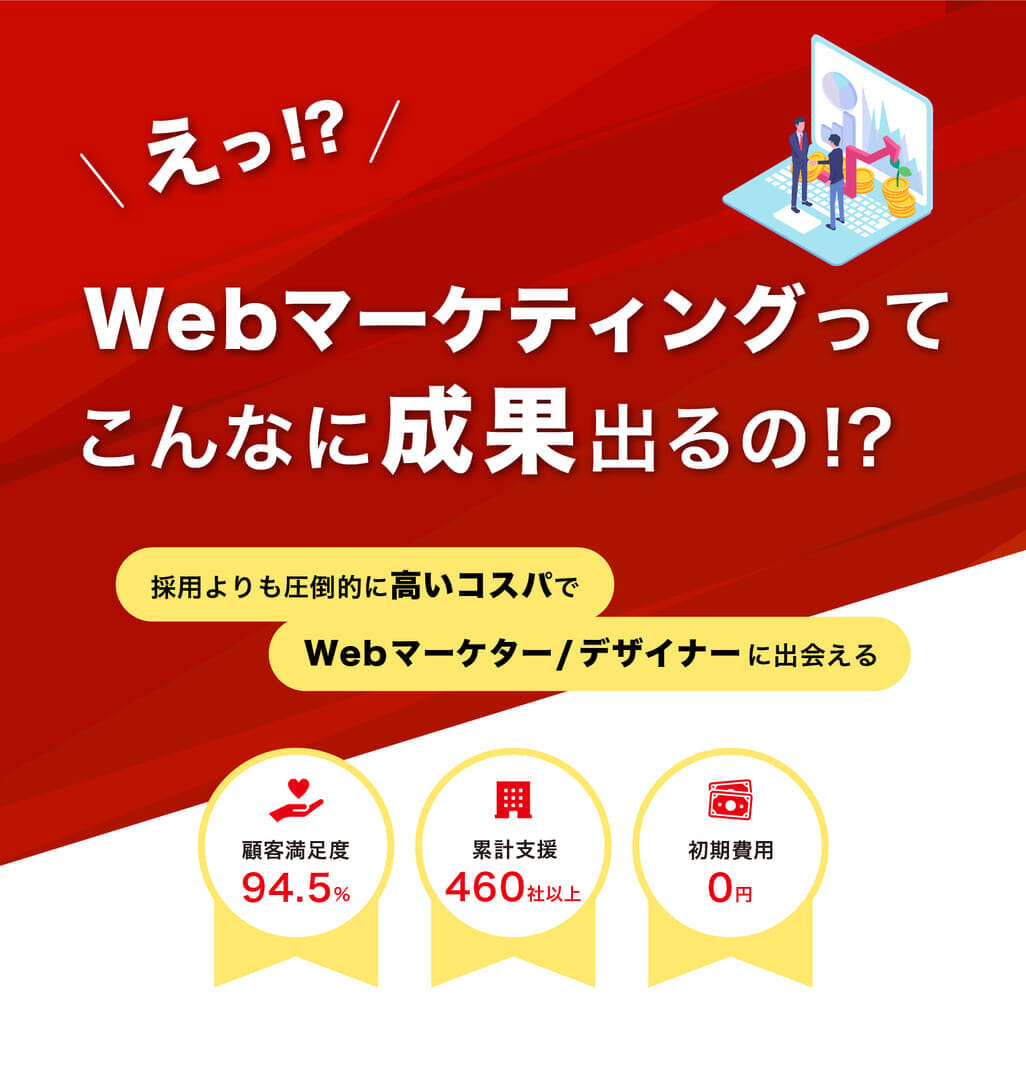 えっ？Webマーケティングでこんなに成果出るの！？ 採用よりも圧倒的に高いコスパでWebマーケター/デザイナーに出会える 顧客満足度94.5％ 累計支援460社以上 初期費用0円